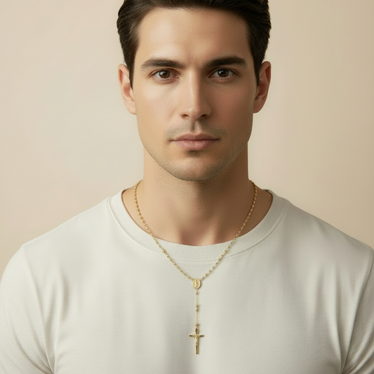 Rosario  100%   en Oro de 18 Kl. con la Virgen Milagrosa y cruz con cristo.