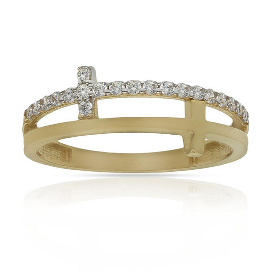 Anillo  en  100%  Oro 18 Kl. con doble fila: fila con cruz con circonitas y fila con cruz
