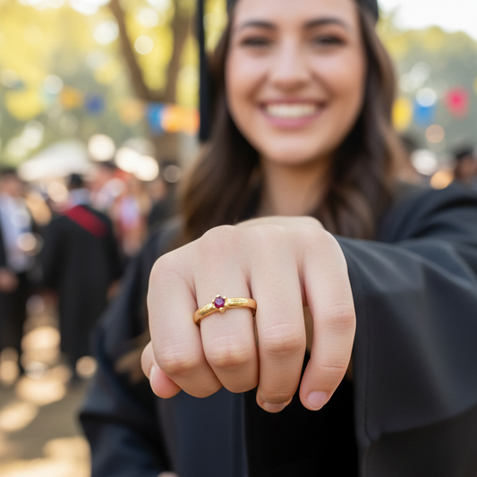 Anillo Personalizado Graduación  100% en Oro de 18 Kl. con rubí fino.