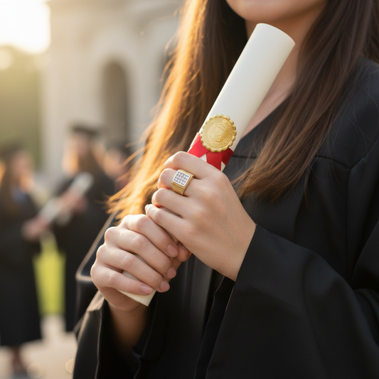 Anillo Personalizado Graduación  100% en Oro de 18 Kl. tallado en los laterales con grecas y con circonitas.