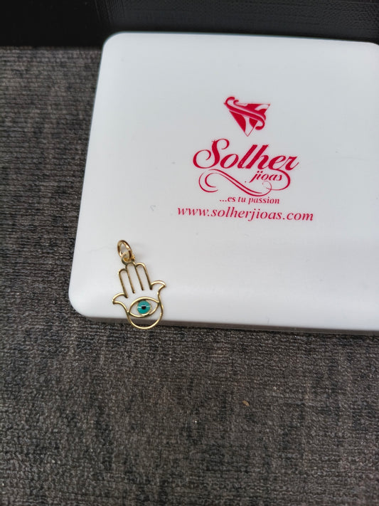 COLGANTE PLATA 925 MANO DE FATIMA OJO TURCO ESMALTE AZUL CLARO BRILLO ORO.
