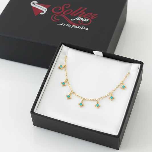 Tobillera Flores Aguamarina  Gold.