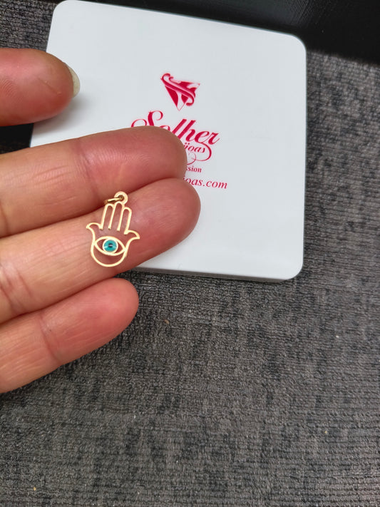 COLGANTE PLATA 925 MANO DE FATIMA OJO TURCO ESMALTE AZUL CLARO BRILLO ORO.